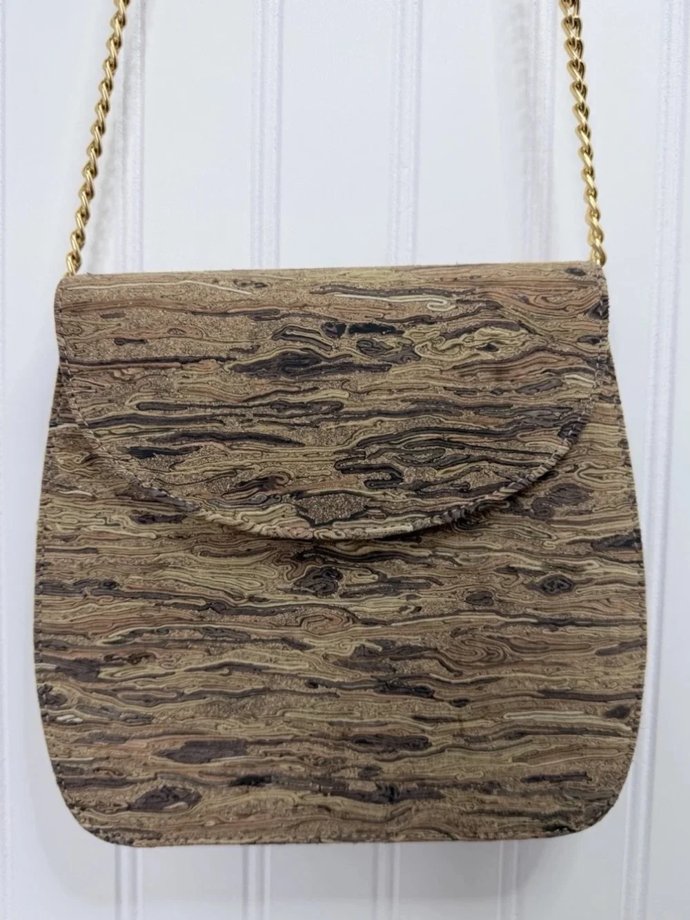 J. Renee Wood Grain Clutch Crossbody Gold Chain Mini Evening Bag Coastal